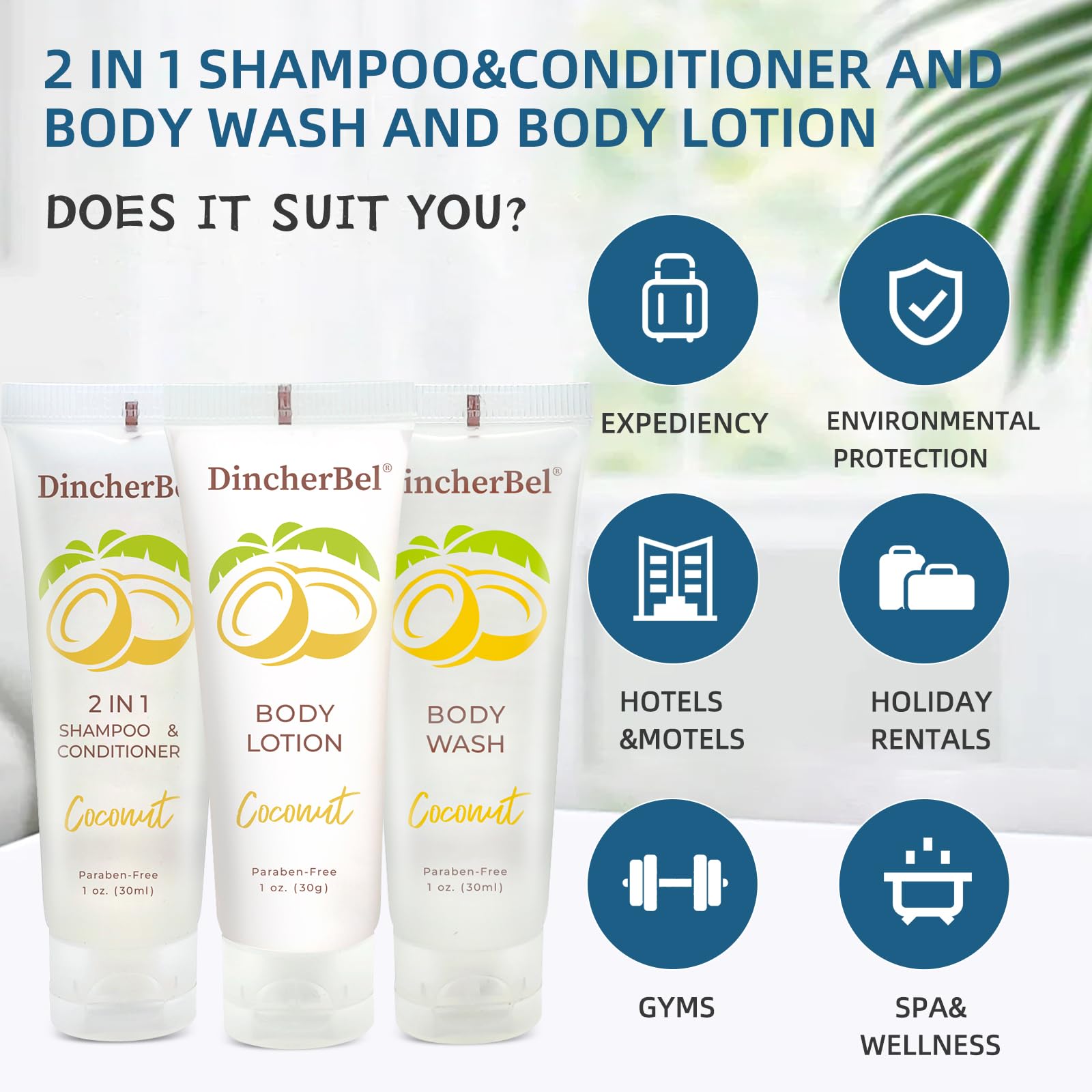Travel Size Toiletries Kits, Bulk Mini Hotel Guest Amenities (Tropical Coconut, 1oz each), 3-Piece Sets Refreshing Coconut Scent - 50 Shampoo & Conditioner 2 in 1, 50 Body Wash and 50 Body Lotion